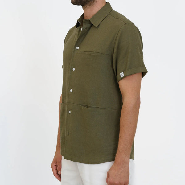Apres Life GGR 3 Pocket S/S Linen Mix Shirt - Army Green